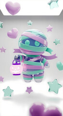 Stylized cartoon mummy character holding a lantern surrounded by floating hearts and stars. Halloween decoration for greeting card design.