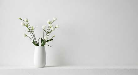 Fototapeta premium A simple white vase holding delicate white flowers with green stems, placed on a textured white surface against a plain white wall