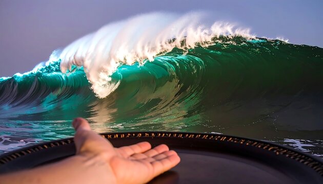A hand reaching for a massive ocean wave