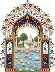 Create a Traditional Mughal decorative arch wedding frame featuring palace garden, lotus flowers, and Pichwai art vector art with white background.