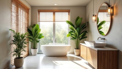 Bright modern powder room design featuring freestanding bathtub, stylish vanity with vessel sink. Large windows with wooden blinds allow natural light, complemented by green plants, creating clean,