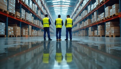 Three workers in reflective vests stand in warehouse aisle with shelves full of boxes. Floor wet, possibly from product leak, creating hazardous situation. Emergency response team appears ready to