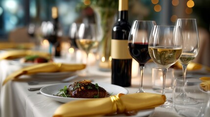 Elegant dinner event with wine and gourmet cuisine cozy restaurant setting captivating ambiance intimate viewpoint