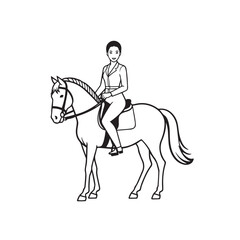 Black and white line art of a beautiful woman with perfect body riding horse elegant minimalist illustration