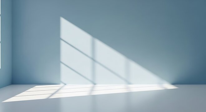Sunlight streams through window blinds, casting geometric shadows across a pale blue wall and floor