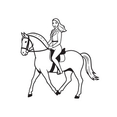 Black and white line art of a beautiful woman with perfect body riding horse elegant minimalist illustration