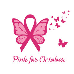 A pink ribbon shaped like butterfly wings with smaller butterflies flying away, symbolizing breast cancer awareness for October.
