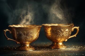 Two elegant gold teacups each intricately designed