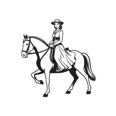 Black and white line art of a beautiful woman with perfect body riding horse elegant minimalist illustration