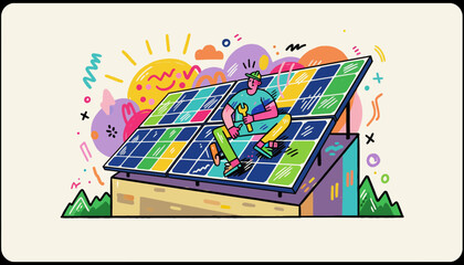 Man working on solar panels on rooftop with colorful background  