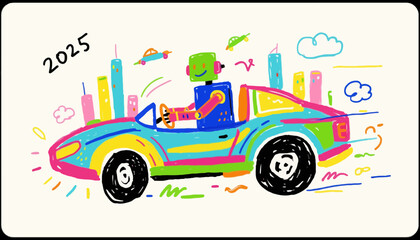 Colorful robot driving a cartoon car in futuristic cityscape 2025  