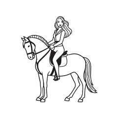 Black and white line art of a beautiful woman with perfect body riding horse elegant minimalist illustration