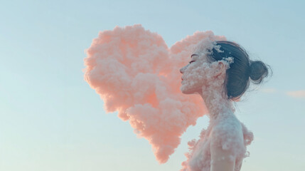 A beautiful girl stands beside a heart-shaped cloud, dreaming of love.
