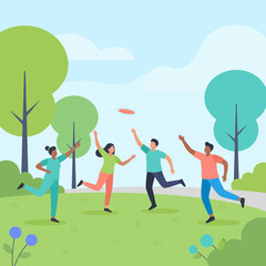 Fototapeta premium Group of friends playing frisbee and having fun in the park 