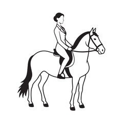 Black and white line art of a beautiful woman with perfect body riding horse elegant minimalist illustration