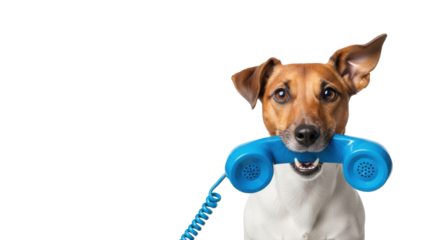 Adult Jack Russell Terrier dog with bright eyes and perked ear, holding a vibrant blue retro telephone receiver on a transparent studio background with negative space, concept of communication