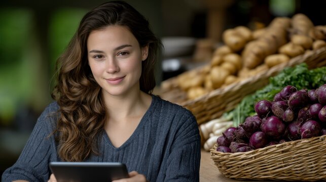 Young woman engaging with digital tablet at a fresh produce market rural environment lifestyle concept - Powered by Adobe