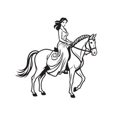 Black and white line art of a beautiful woman with perfect body riding horse elegant minimalist illustration
