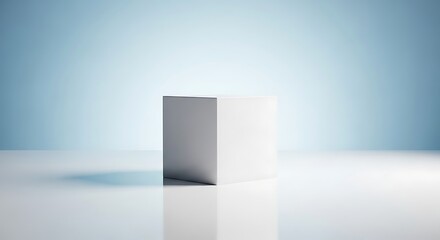 A stark white cube centered on a reflective white surface with a soft blue gradient background, isolated on white background
