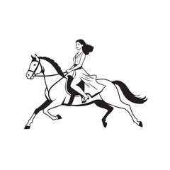 Black and white line art of a beautiful woman with perfect body riding horse elegant minimalist illustration