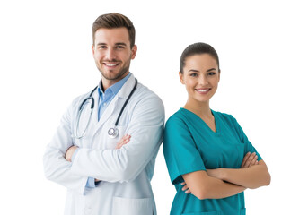 Fototapeta premium Young Caucasian male doctor in lab coat with stethoscope & female professional in scrubs, arms crossed, smiling confidently on white studio, medical teamwork concept