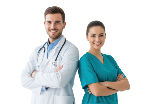Young Caucasian male doctor in lab coat with stethoscope & female professional in scrubs, arms crossed, smiling confidently on white studio, medical teamwork concept