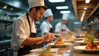 Chef preparing dishes in professional kitchen. Cooks add finishing touches to plates before serving. Culinary expertise, fine dining, restaurant food service, gastronomy. Delicious meal ready to eat.