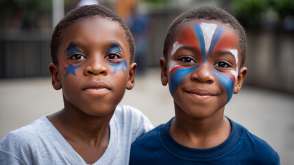 Two African boys with faces painted in the colors of the American flag. Election Day in the USA. America Day. Festive Mood on President's Day