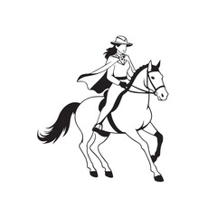 Black and white line art of a beautiful woman with perfect body riding horse elegant minimalist illustration
