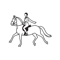 Black and white line art of a beautiful woman with perfect body riding horse elegant minimalist illustration