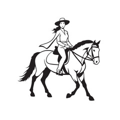 Fototapeta premium Black and white line art of a beautiful woman with perfect body riding horse elegant minimalist illustration