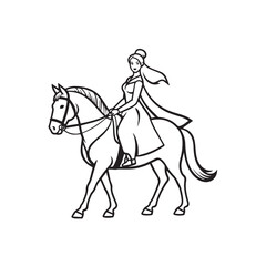 Black and white line art of a beautiful woman with perfect body riding horse elegant minimalist illustration