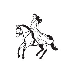 Black and white line art of a beautiful woman with perfect body riding horse elegant minimalist illustration