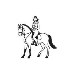 Black and white line art of a beautiful woman with perfect body riding horse elegant minimalist illustration