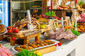 Platter of antipasti and appetizers. Mix of dried meat Jerky . From chicken , beef and pork. wine...