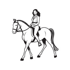 Black and white line art of a beautiful woman with perfect body riding horse elegant minimalist illustration