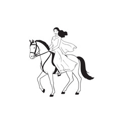 Black and white line art of a beautiful woman with perfect body riding horse elegant minimalist illustration