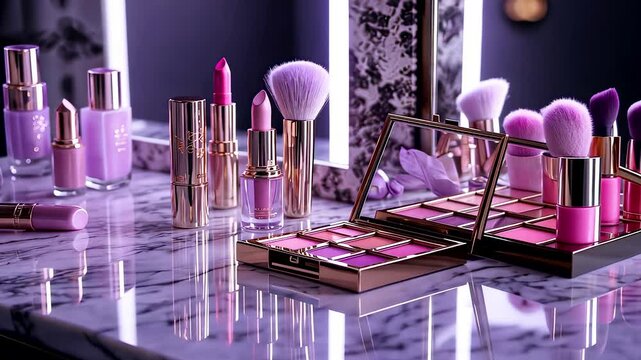 Elegant Set of Luxury Makeup Products with Brushes and Lipsticks on Marble Vanity Table