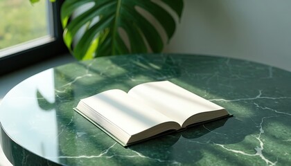 Open blank book rests on green marble coffee table, bathed in sunlight. Large green plant leaf casts shadows, creating serene, modern, elegant home interior scene. Ideal for design mockups,