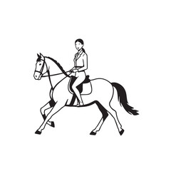 Black and white line art of a beautiful woman with perfect body riding horse elegant minimalist illustration