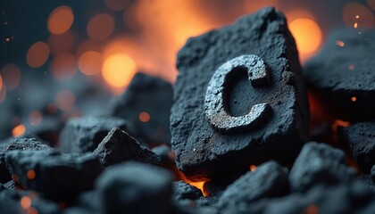 Close-up of coal lumps with prominent letter C symbol. Glowing embers, sparks create fiery ambiance. Represents carbon element, forms like diamond, graphite, critical role in nature, science,