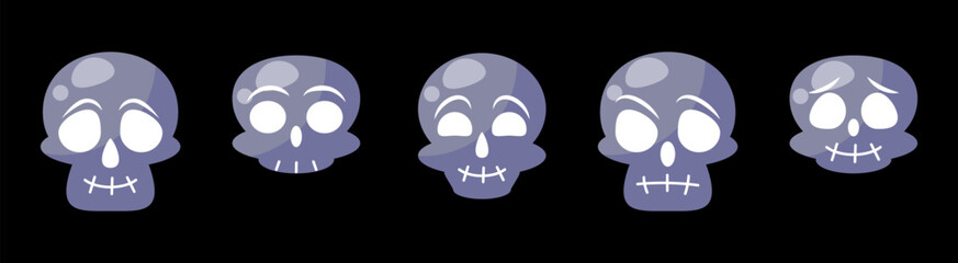 Skull sticker set with cute skulls emojis, dead head faces for decorations of Halloween and Day of the Dead designs. Vector graphic design elements.