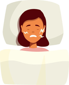 Woman suffering from bruxism, clenching her jaw and grinding teeth while sleeping, sleep disorder and oral health problem concept