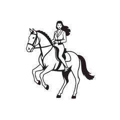 Black and white line art of a beautiful woman with perfect body riding horse elegant minimalist illustration