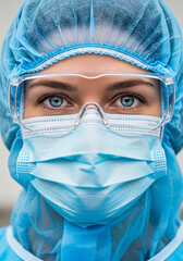 Female doctor wearing safety glasses and medical mask in operating room. Healthcare pro in protective gear. Surgical team, sterile environment, medical clinic, hospital. Focused eyes look at viewer.