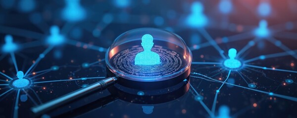 Magnifying glass focuses on user profile icon within digital network. Illustrates talent search, recruitment, analytics, human resources, data management concepts. Digital connectivity, personal