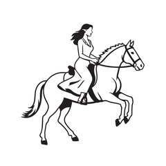 Black and white line art of a beautiful woman with perfect body riding horse elegant minimalist illustration