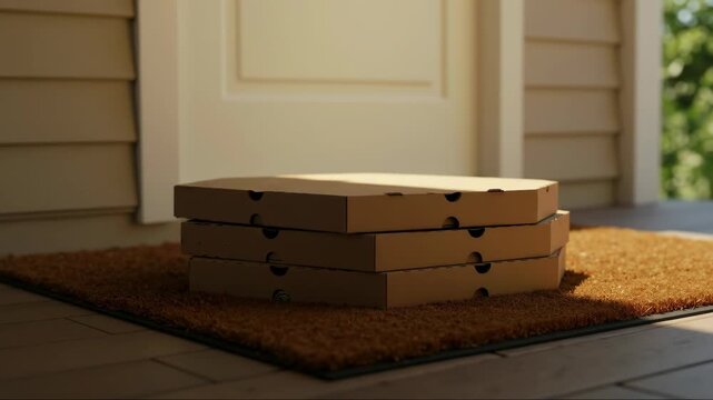 A person places pizza boxes at a front door for a contactless delivery. Courier leaving a takeout food order on a doormat. Safe online food ordering and home delivery service concept.