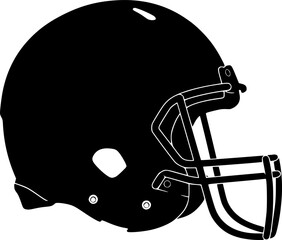 a black silhouette of an american football helmet on a white background, solid black, side view


