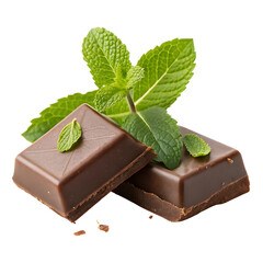 Two chocolate bars with fresh mint leaves isolated on transparent background